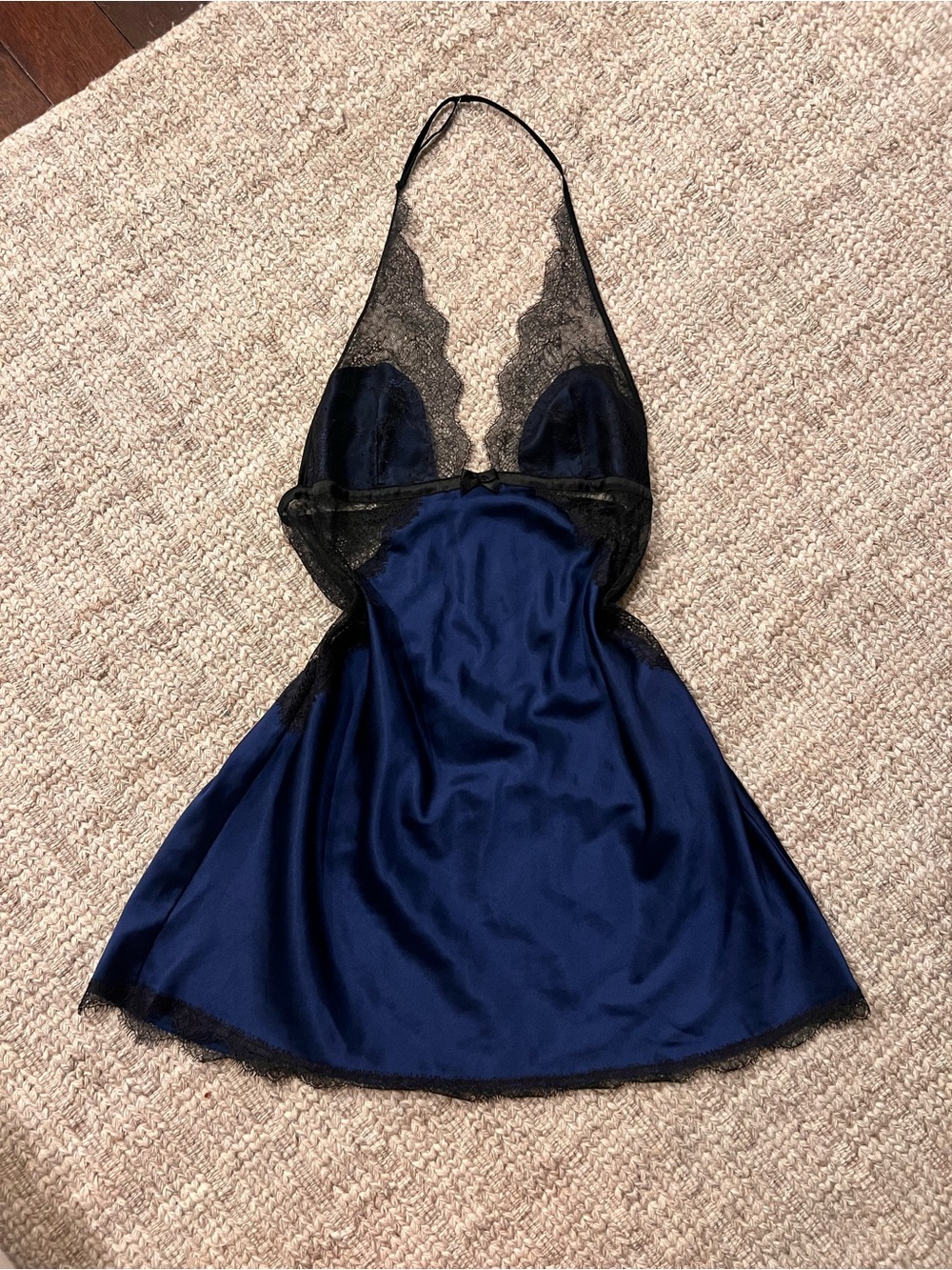 Victorias Secret Navy Satin & Black Lace Halter Chemise